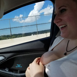 Pic #2 Flashing Tits In The Car On Vacation - Big Tits, Public Exhibitionist, Flashing, Outdoors, Amateur